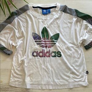 Adidas White Tee with Green and Purple Logo